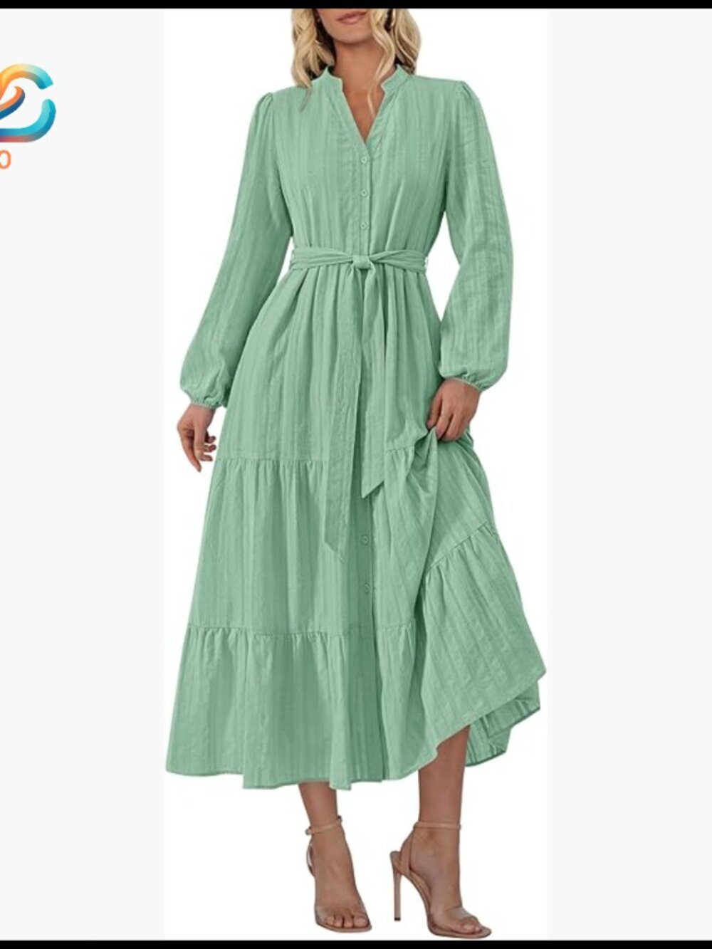 V-Neck Long Sleeve Maxi Dress with Pockets, Removable Belt, Cotton
